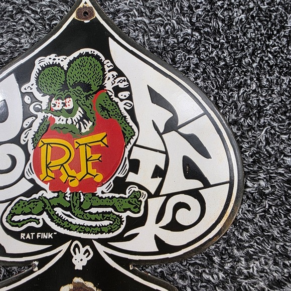 Vintage Rat Fink Porcelain Sign Ed‎ Roth Hot Rod Ace Of Spades Design Gas/Oil - Picture 3 of 12